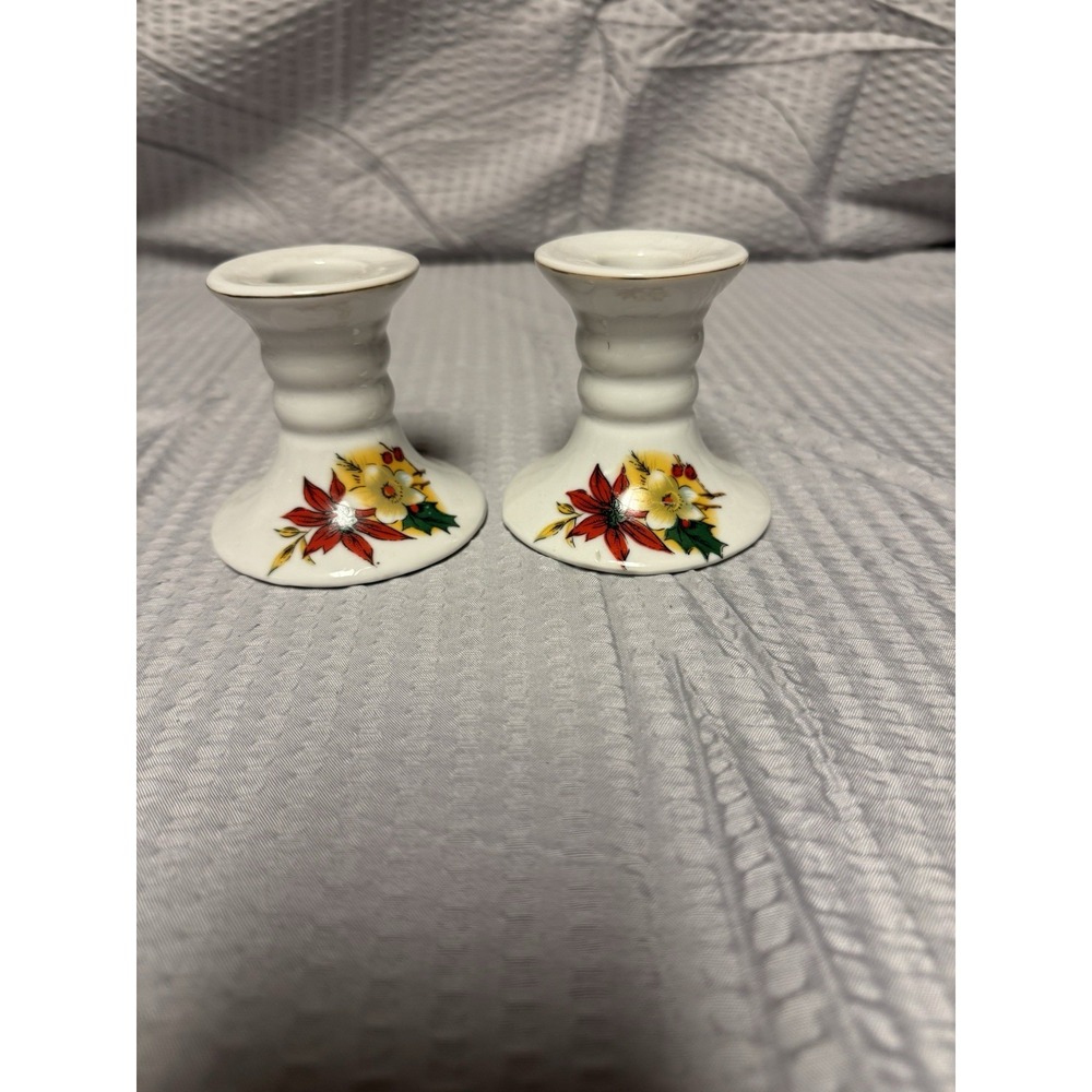 Genuine Porcelain Candle Holder Set Of‎ 2 White W/Christmas Poinsettias & Holly
